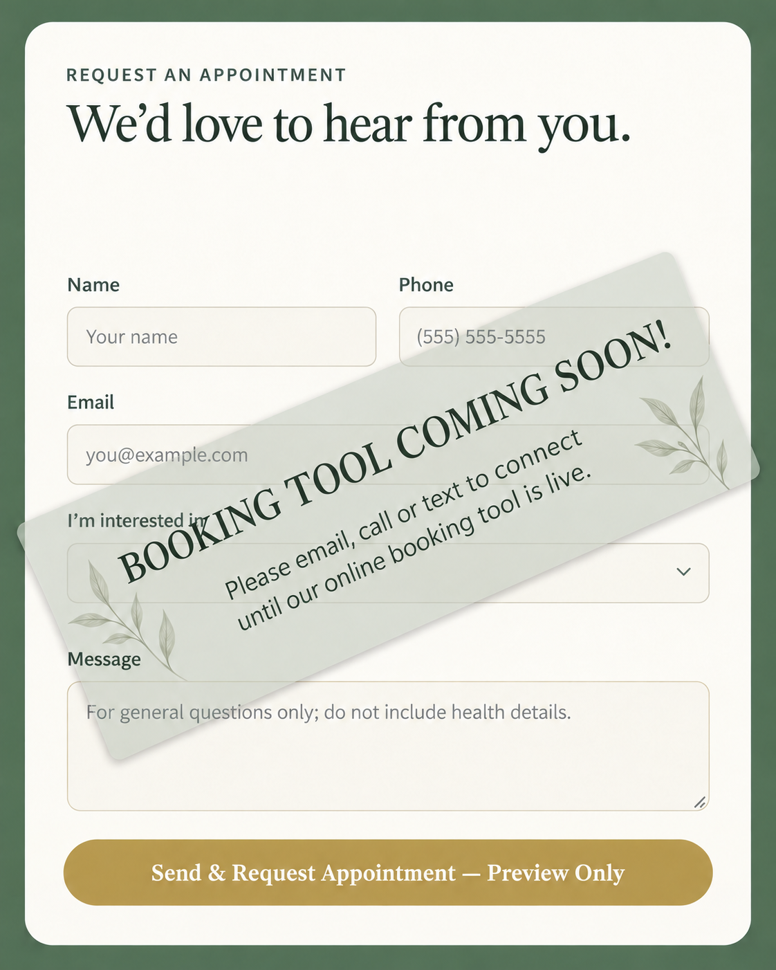 Illustration of a disabled appointment form overlaid with Booking Tool Coming Soon. Online booking is not currently available; use the phone or email contact links beside this graphic.
